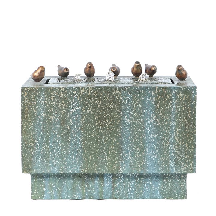 LuxenHome Patina Gray/Green Resin Rectangular Bubbler Outdoor Fountain with LED Lights and Bronze Birds