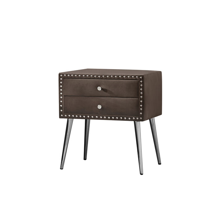 B109-TA Upholstered in durable 100% Grey Velvet nightstand Classic silver rivet elegant button tufted design with two drawer and metal legs