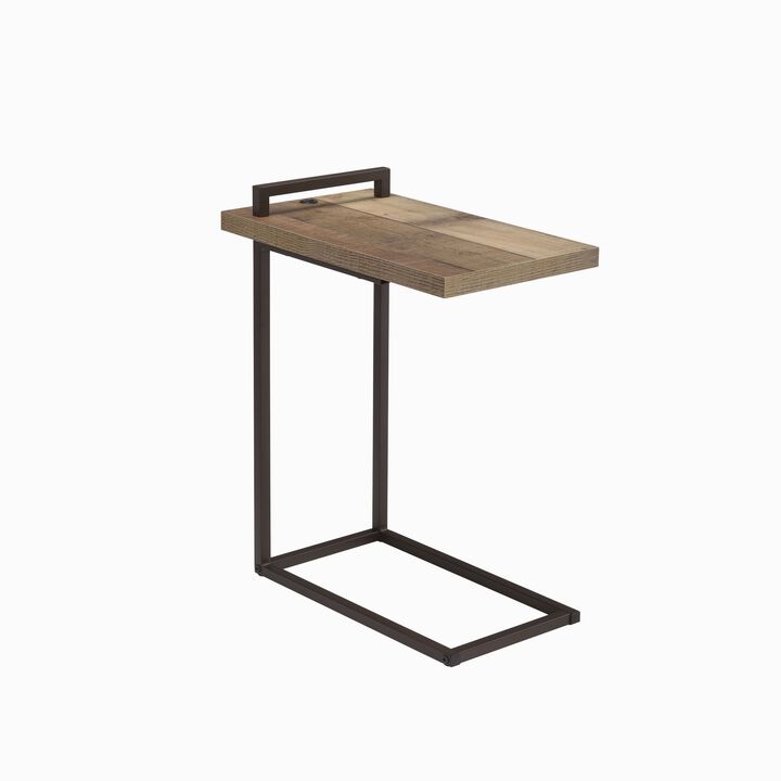 Contemporary Style Metal Accent Table with Wooden Top and USB Port, Brown and Bronze-Benzara