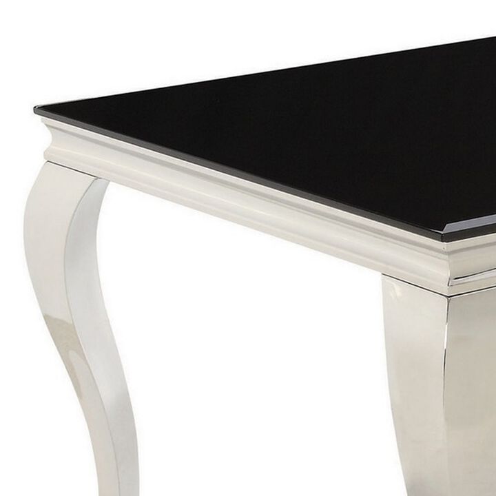 Dining Table with Glass Top and Metal Legs, Black and Chrome-Benzara