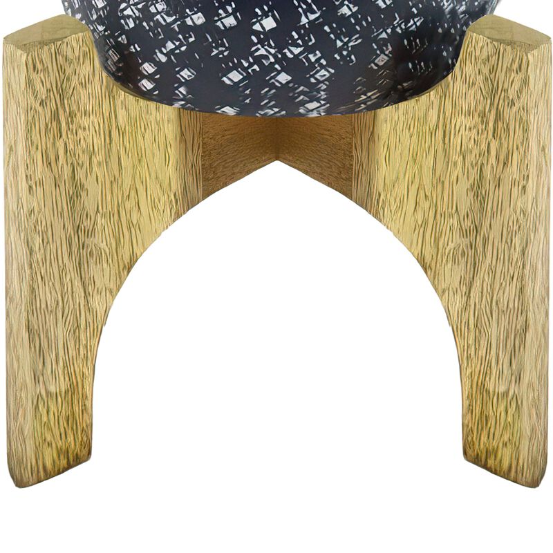 Alex 8 Inch Artisanal Industrial Round Hammered Metal Planter Pot with Wood Arch Stand, Midnight Blue-Benzara