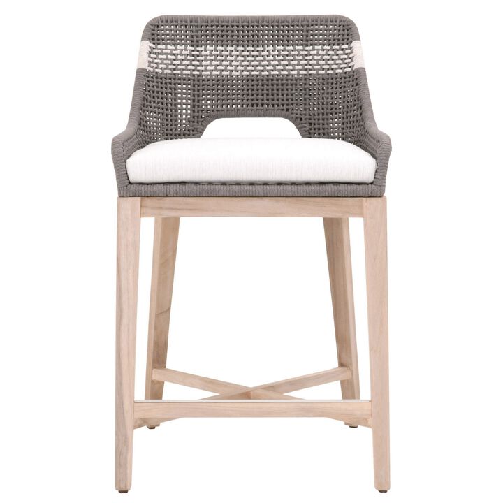 Interwoven Rope Counter Stool with Flared Legs and Cross Support, Dark Gray-Benzara
