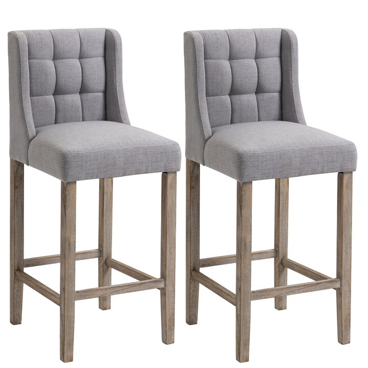 Bar Stools, Bar Stools with Backs, Linen-Touch Polyester Fabric, Tufted Stitching for Kitchen, Bar, Bar Height Bar Stools, Grey