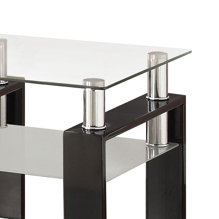 Glass Top End Table with 1 Bottom Shelf, Clear and Black-Benzara
