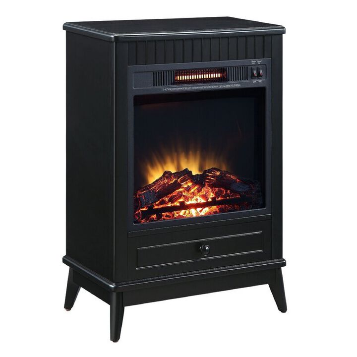 Etu 32 Inch Wood End Table with LED Electric Fireplace, 1 Drawer, Black-Benzara