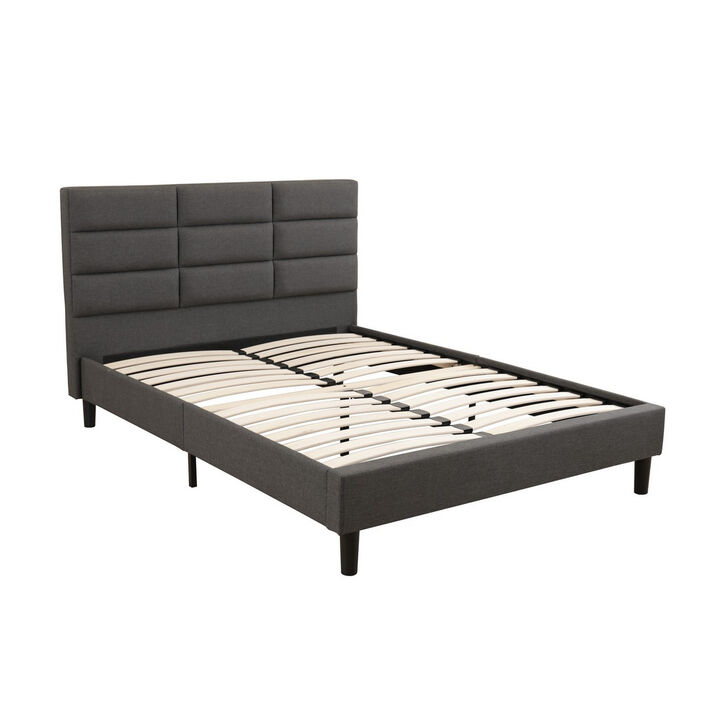 Rin Queen Size Platform Bed, Charcoal Gray Upholstery, Panel Headboard-Benzara