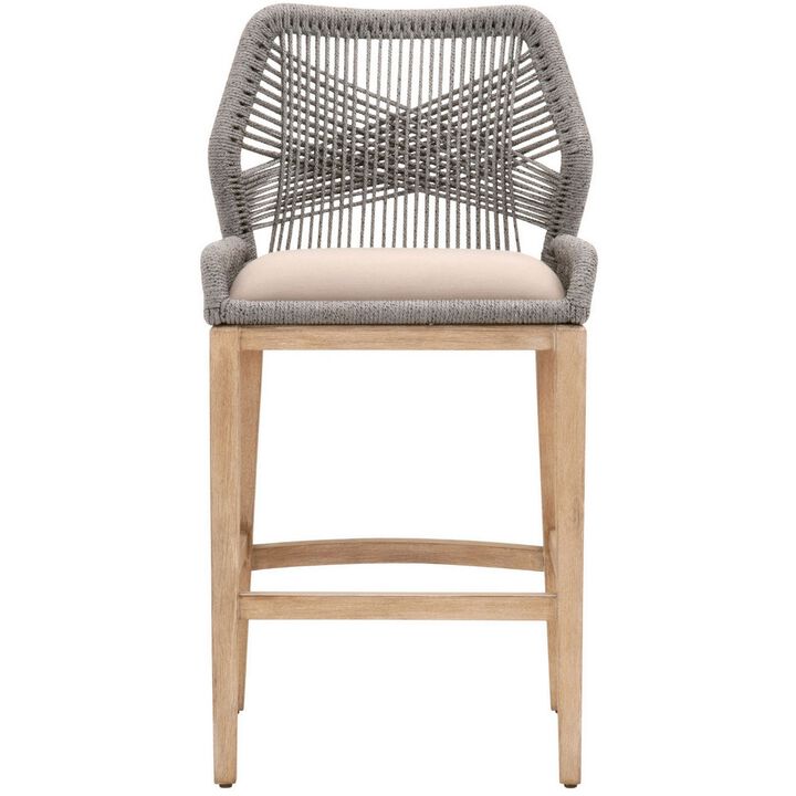Counter Stool with Wooden Legs and Rope Back, Gray and Brown-Benzara