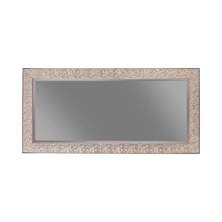 Rectangular Beveled Accent Floor Mirror with Glitter Mosaic Pattern, Silver-Benzara