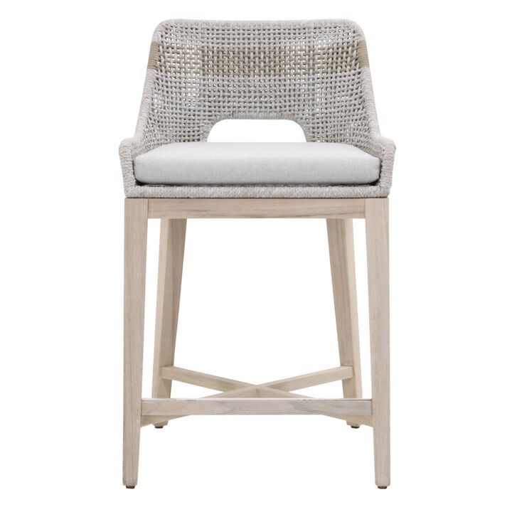 Interwoven Rope Counter Stool with Flared Legs and Cross Support, Gray-Benzara