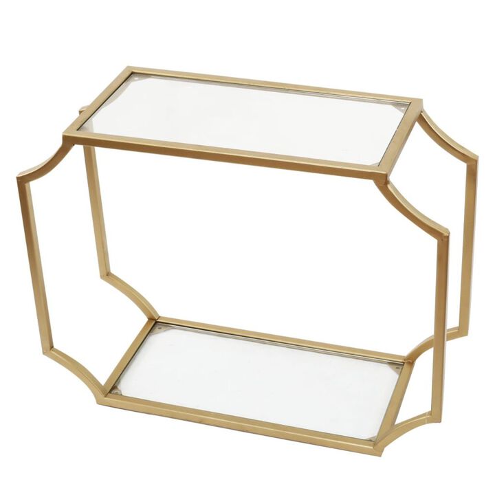Metal Wall Shelf with Two Glass Shelves and Smooth Chamfered Corners, Gold and Clear-Benzara