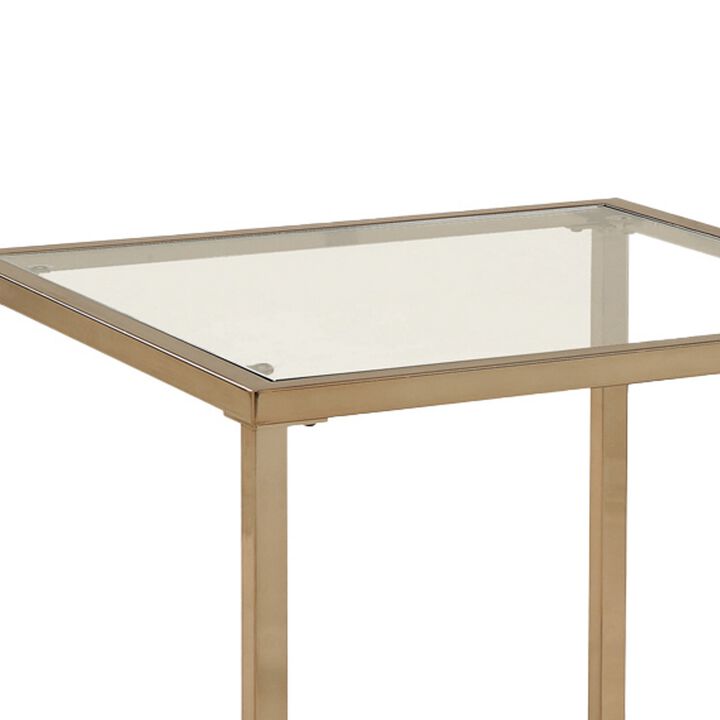Glass Top End Table with Metal Frame and Open Shelf, Brass-Benzara