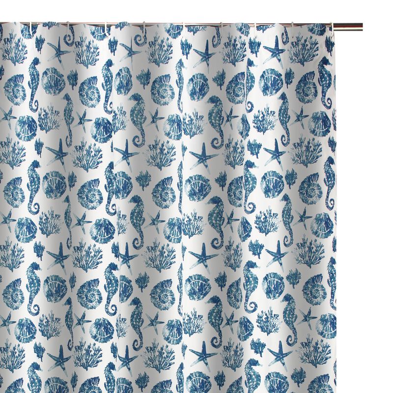 Riga 72 Inch Shower Curtain, Blue Seashells Print, Button Holes, Microfiber-Benzara