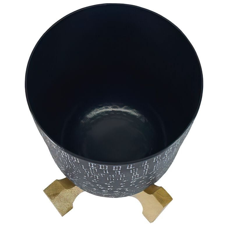 Alex 8 Inch Artisanal Industrial Round Hammered Metal Planter Pot with Wood Arch Stand, Midnight Blue-Benzara
