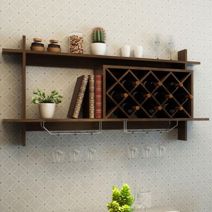 Hivvago Wall Mount Wine Rack with Glass Holder & Storage Shelf-Walnut