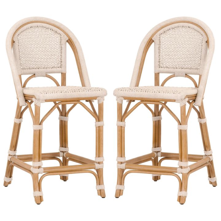 Counter Stool with Woven Seat and Curved Back, Set of 2, Offwhite-Benzara
