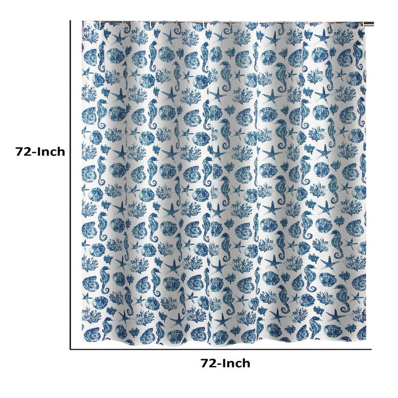 Riga 72 Inch Shower Curtain, Blue Seashells Print, Button Holes, Microfiber-Benzara