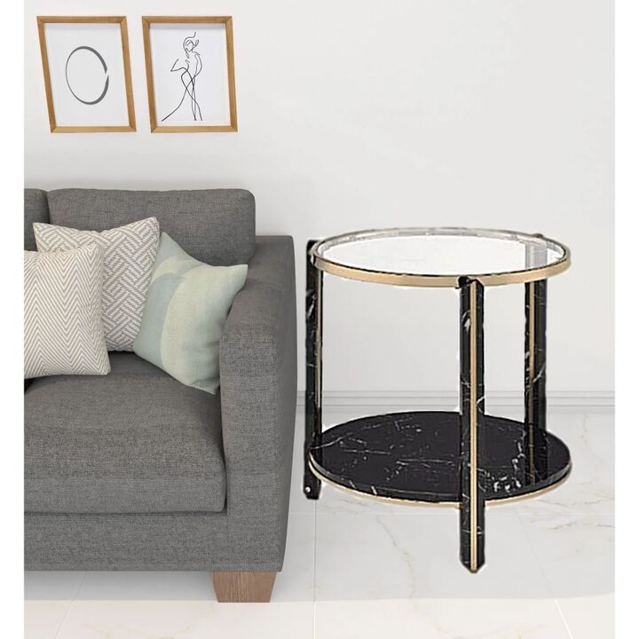 Homezia 24" Champagne And Clear Glass And Metal Round End Table With Shelf