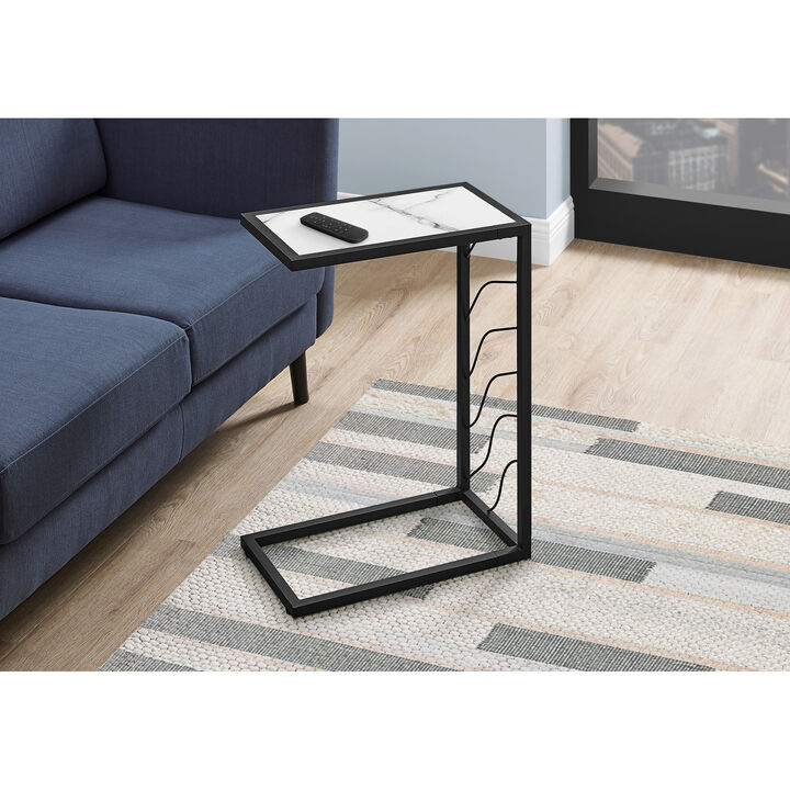 Monarch Specialties I 3300 Accent Table, C-shaped, End, Side, Snack, Living Room, Bedroom, Metal, Laminate, White Marble Look, Black, Contemporary, Modern