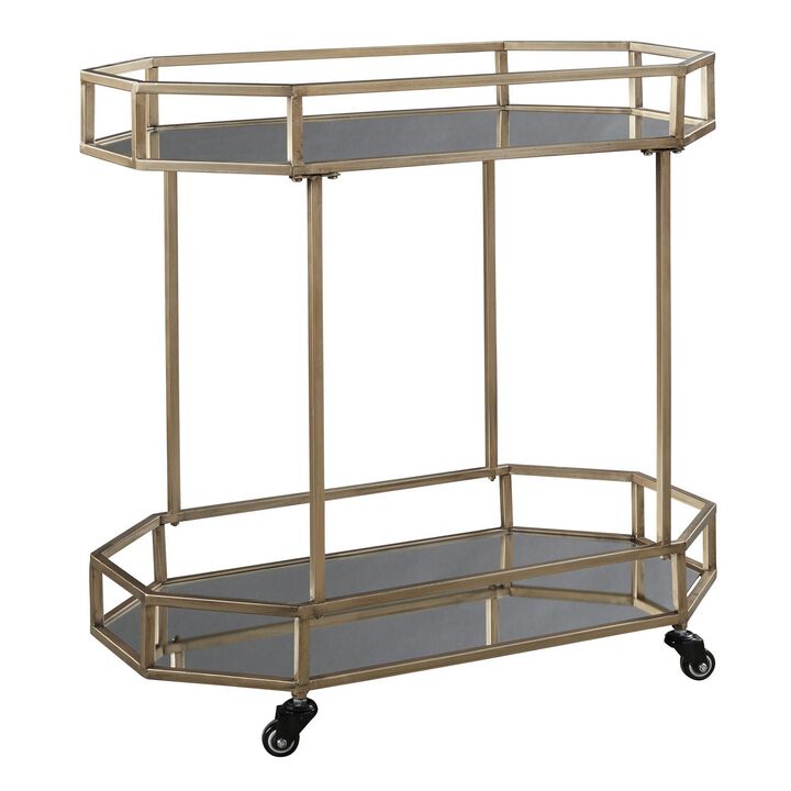 Octagonal Metal Bar Cart with Mirrored Top and Bottom, Silver and Gold-Benzara