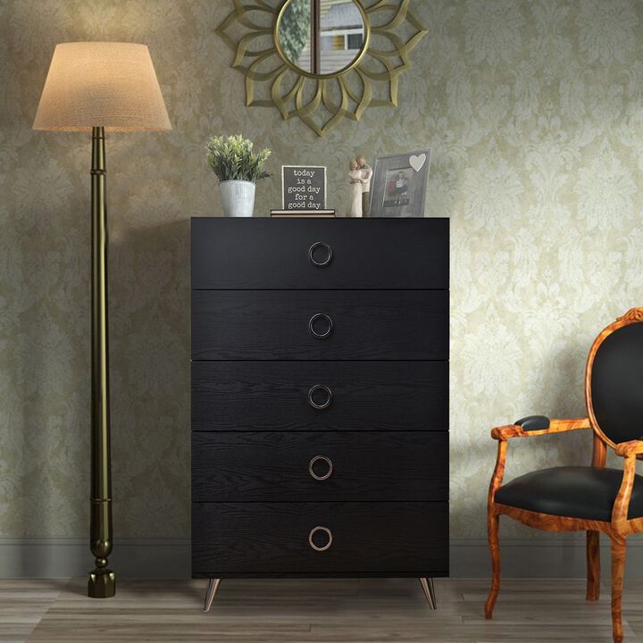 Five Drawers Wooden Chest In Contemporary Style, Black-Benzara