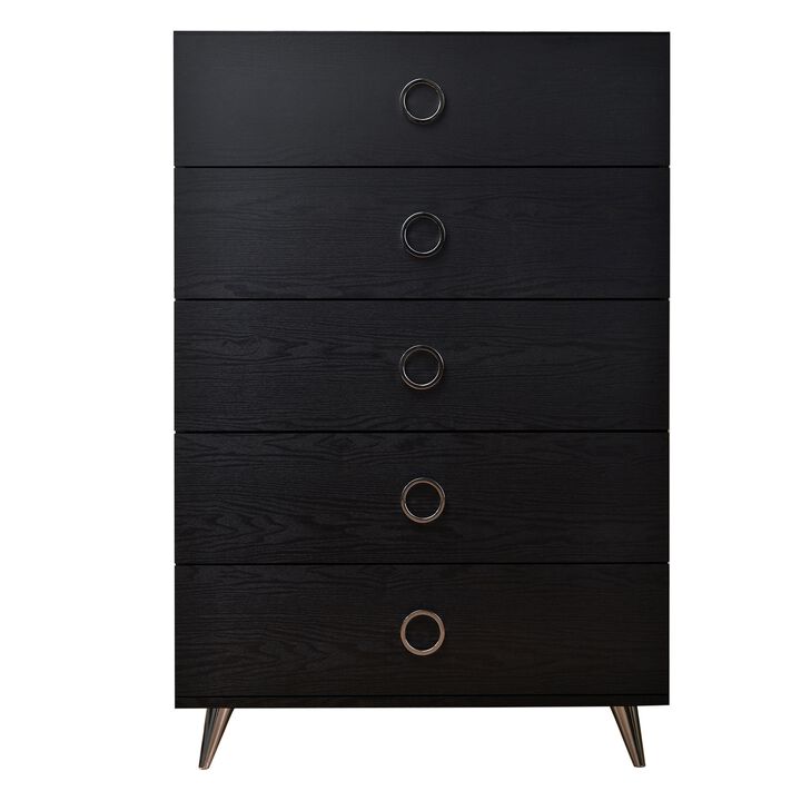 Five Drawers Wooden Chest In Contemporary Style, Black-Benzara