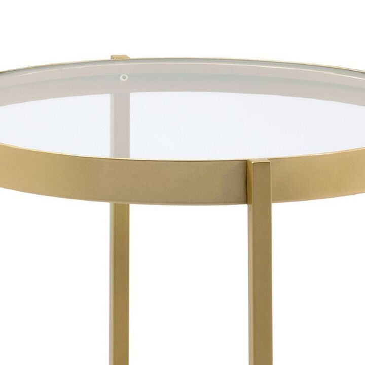 End Table with Round Glass Top and Metal Frame, Gold-Benzara