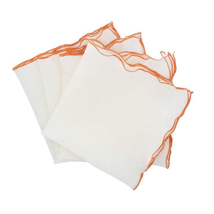 Linen Napkins With Orange Ruffled Edges, Set of 4