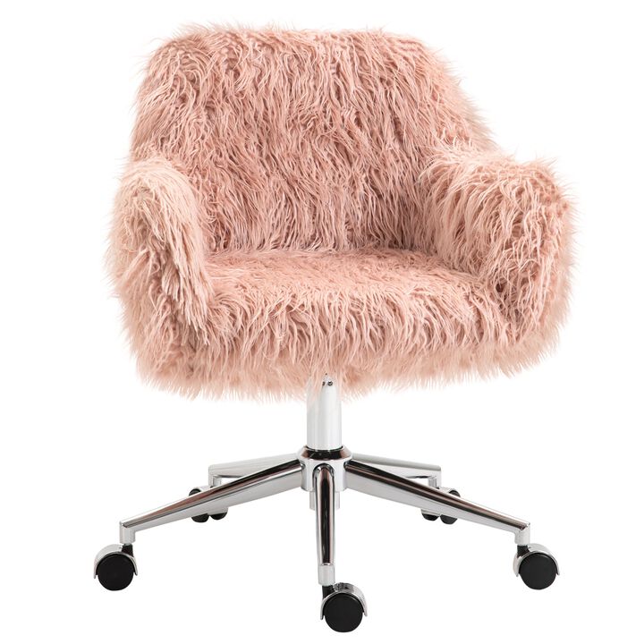 Vinsetto Vanity Chair, Faux Fur Desk Chair with Adjustable Height and Wheels for Makeup Room, Swivel Chair, Pink