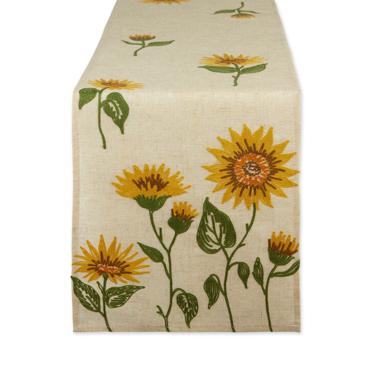 70" Beige and Yellow Sunflowers Embroidered Table Runner