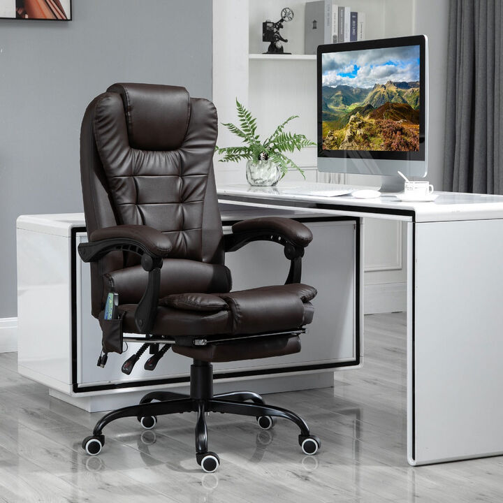 Leather Office Chair, 7 Point Vibration Massage Office Chair, Computer Chair with Retractable Footrest, Ergonomic Chair, Brown