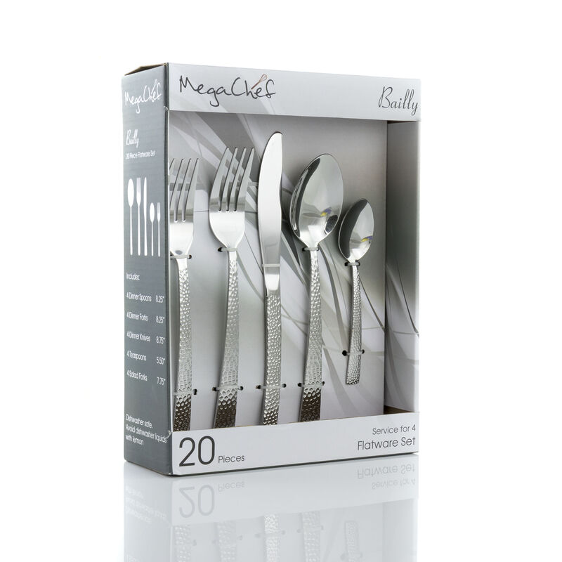 MegaChef Baily 20 Piece Flatware Utensil Set, Stainless Steel Silverware Metal Service for 4 in Silver