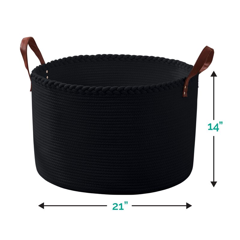 Extra Large Round Cotton Rope Storage Basket Laundry Hamper with Leather Handles