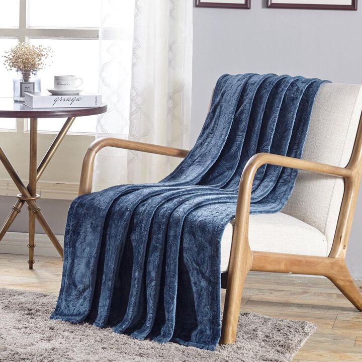 Plazatex Dama Embossed Scroll Pattern Soft & Cozy Throw Blanket - 50x60" Oxford Blue