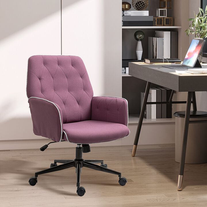 Desk Chair Armchair Office Chair Modern Mid-Back Tufted Linen Fabric Home Office Task Chair With Arms Swivel Height Adjustable Purple