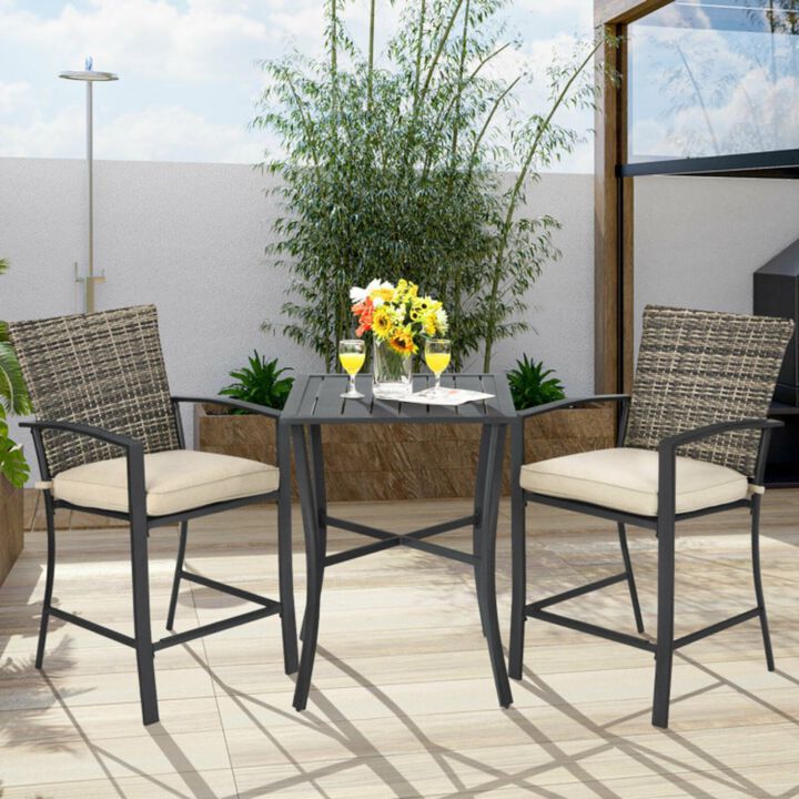 3 Pieces Rattan Bar Furniture Set with Slat Table and 2 Cushioned Stools