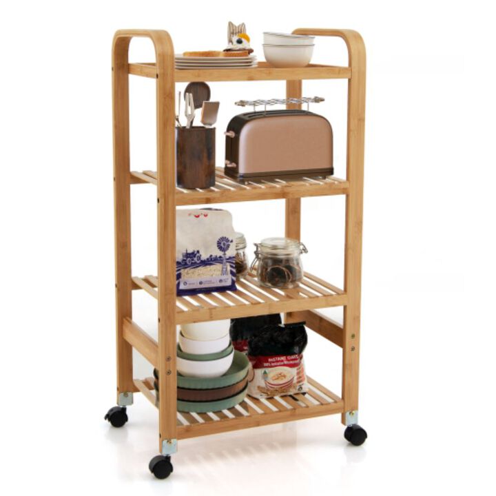 Bamboo Utility Cart with Storage Shelf and Lockable Casters-4-Tier