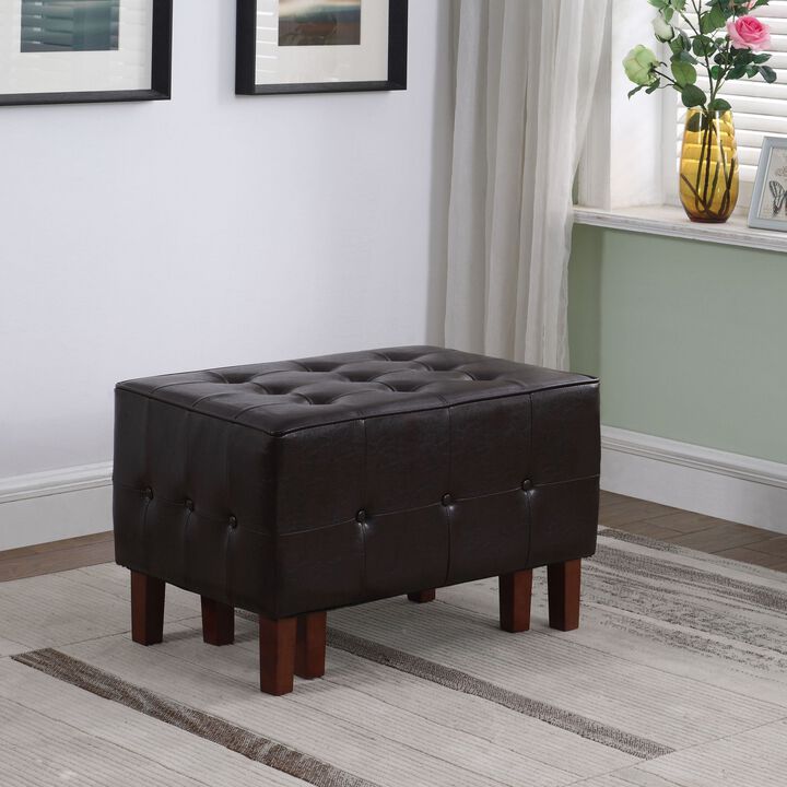 Homezia 20" Black Faux Leather And Dark Brown Tufted Cocktail Ottoman