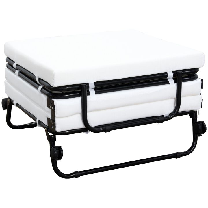 Portable Folding Bed, Single Guest Bed Convertible Sleeper Ottoman with Wheels, Mattress for Bedroom & Office, White