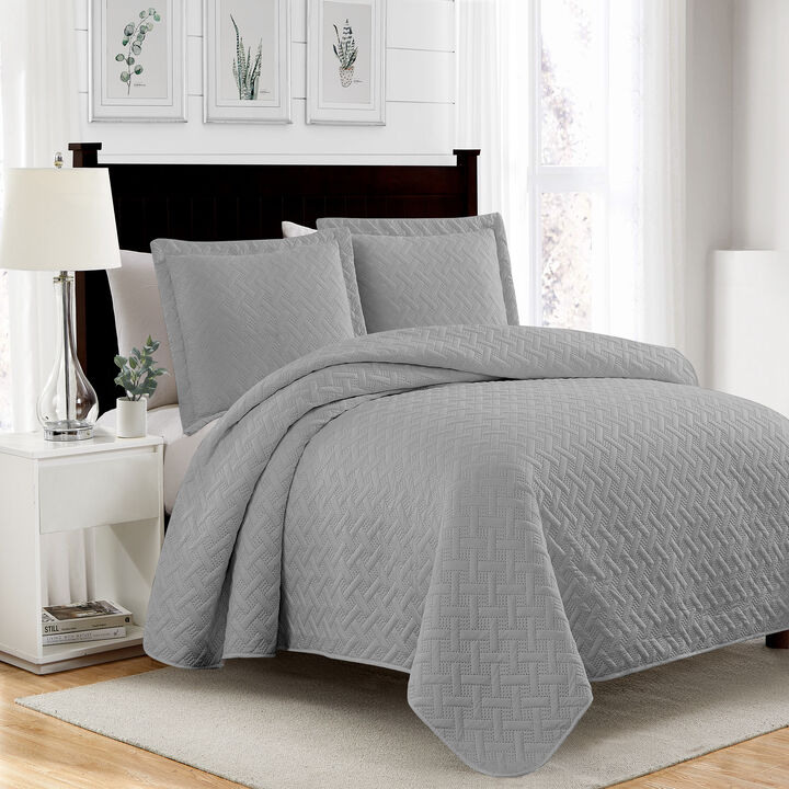RT Designers Collection Bella 3pc Pinsonic All Year Round Quilt Set for Revitalize Bedroom Queen Silver