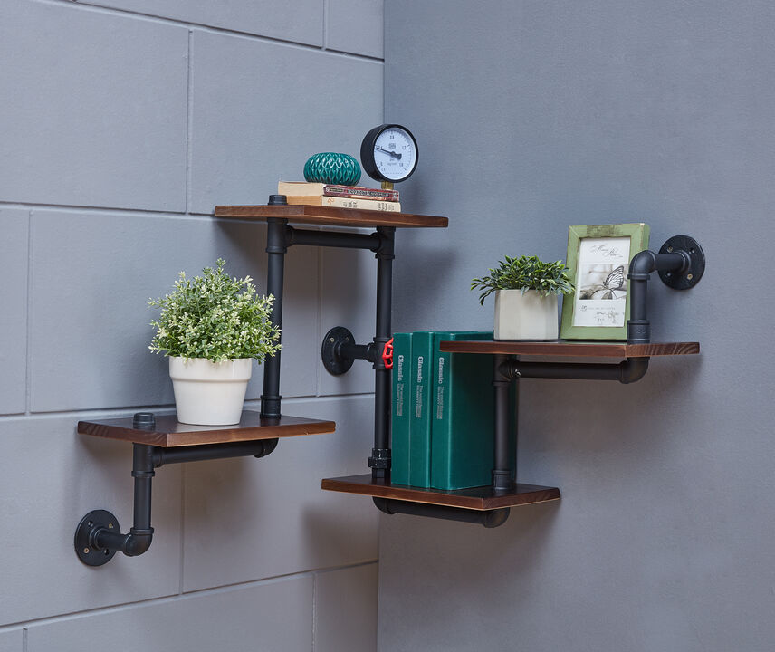 4-Tier Floating Corner Or Flat Wall Shelf Staggered Floating Industrial Rustic Pipe Shelving Unit – Wall Mount