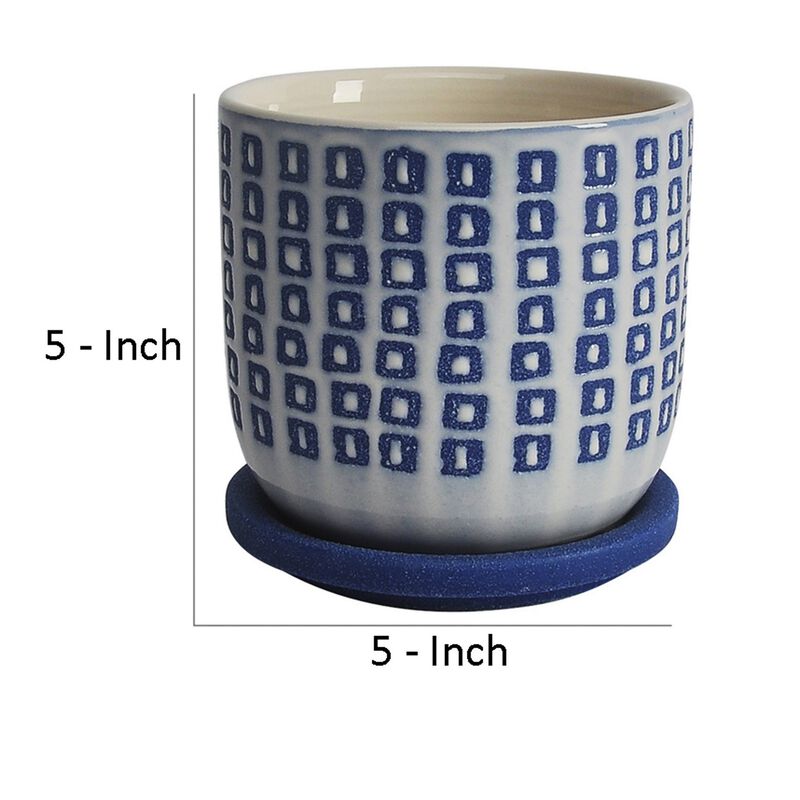 5 Inch Ceramic Planter, Saucer, Round, Square Pattern, White and Blue-Benzara