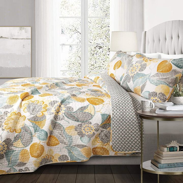 QuikFurn 3 Piece Reversible Yellow Grey Floral Cotton Quilt Set in King Size