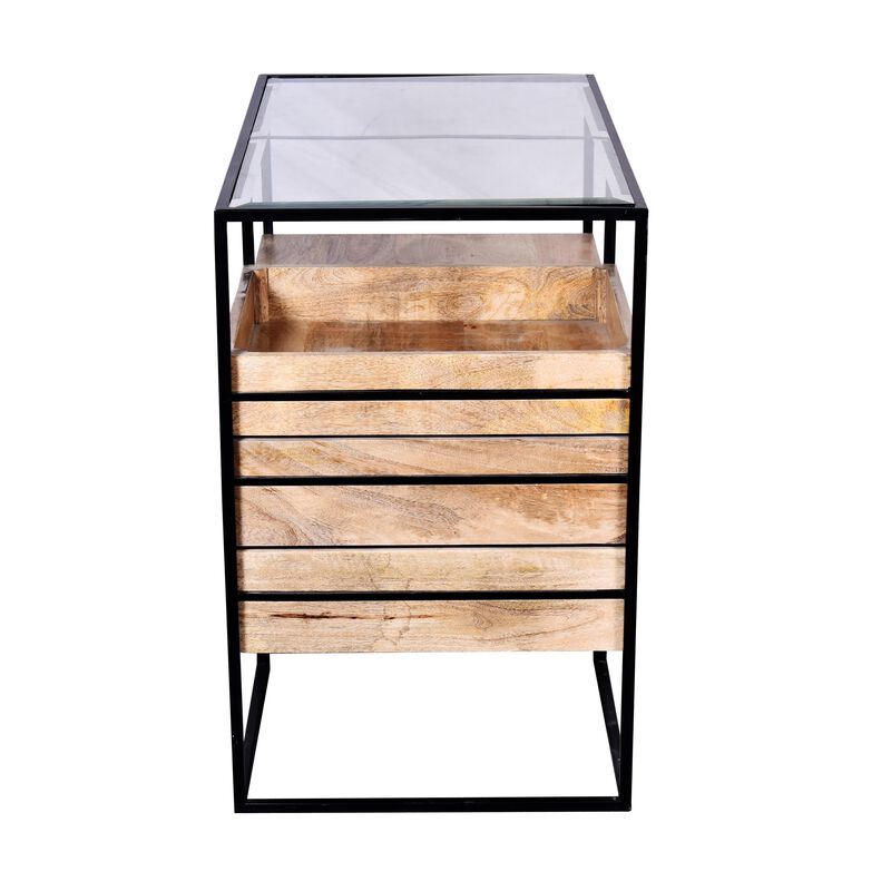 35 Inch Handcrafted Modern Glass Table, Storage Shelves, 3 Drawers, Metal Frame, Natural Brown and Black-Benzara