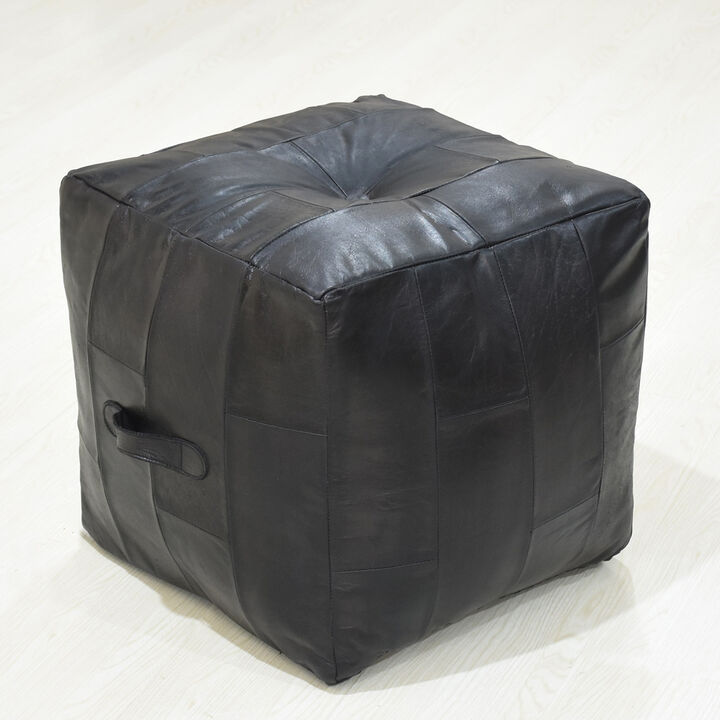Geometric Handmade Leather Square Pouf 16"x16"x16" (Recycled Foam with Fibre Fill) Black Color MABBBACPF25 BBH Homes