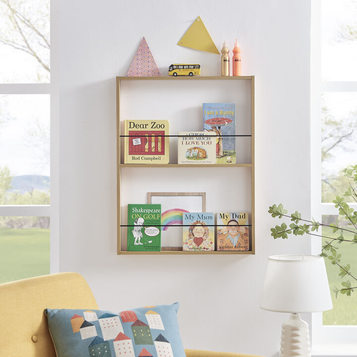 Steiner Beech Square Modern 2-Tier Kids Book or Toy Figure Display Unit Wall Mounted Bookshelf with Contrasting Black Rods