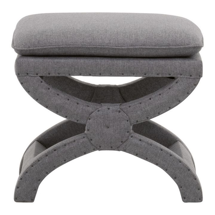 23 Inch Fabric Upholstered Ottoman, Plush Cushioned, Curved X Frame, Gray-Benzara