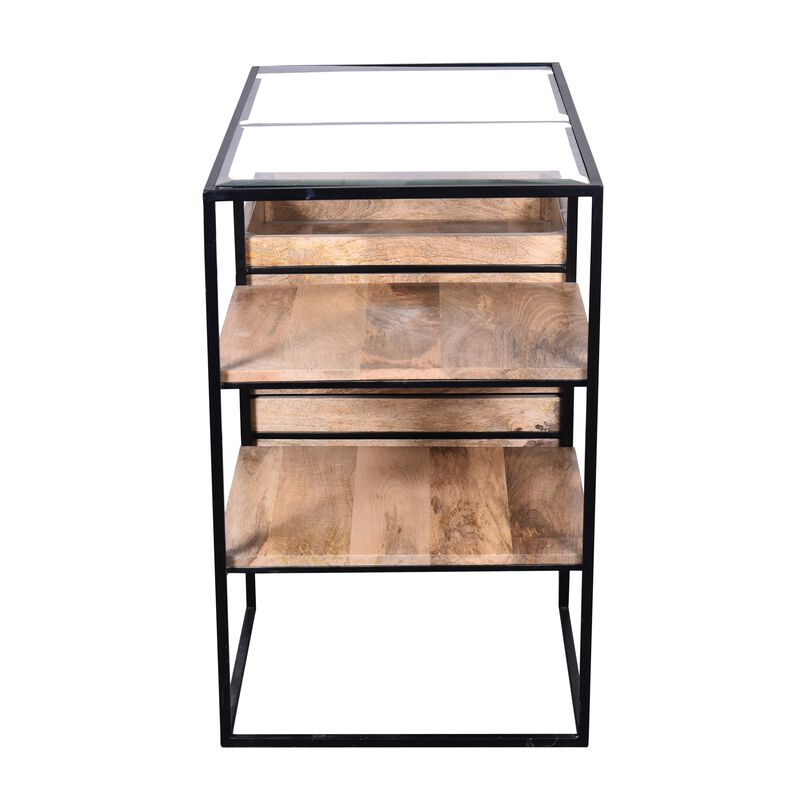 35 Inch Handcrafted Modern Glass Table, Storage Shelves, 3 Drawers, Metal Frame, Natural Brown and Black-Benzara