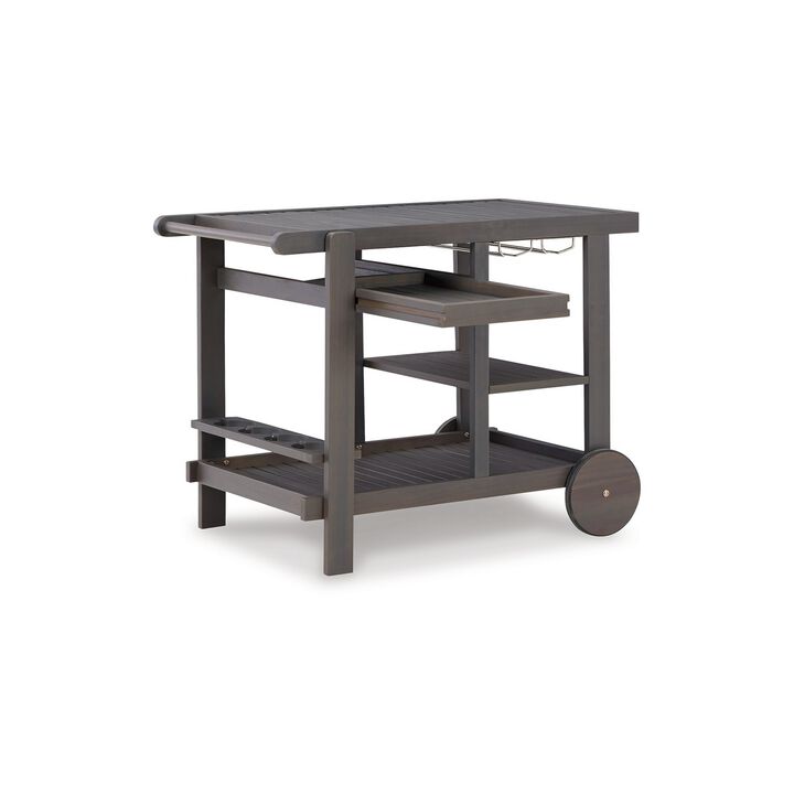 Clio 39 Inch Outdoor Serving Cart, Slatted Shelves, Removable Tray, Gray - Benzara
