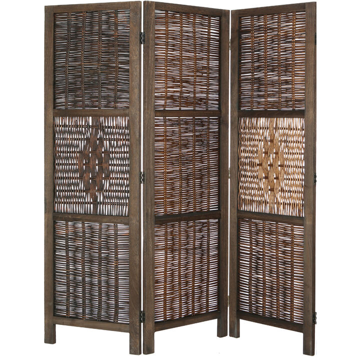 Legacy Decor 3 Panels Screen Room Divider Wicker and Wood White Color Diamond Design