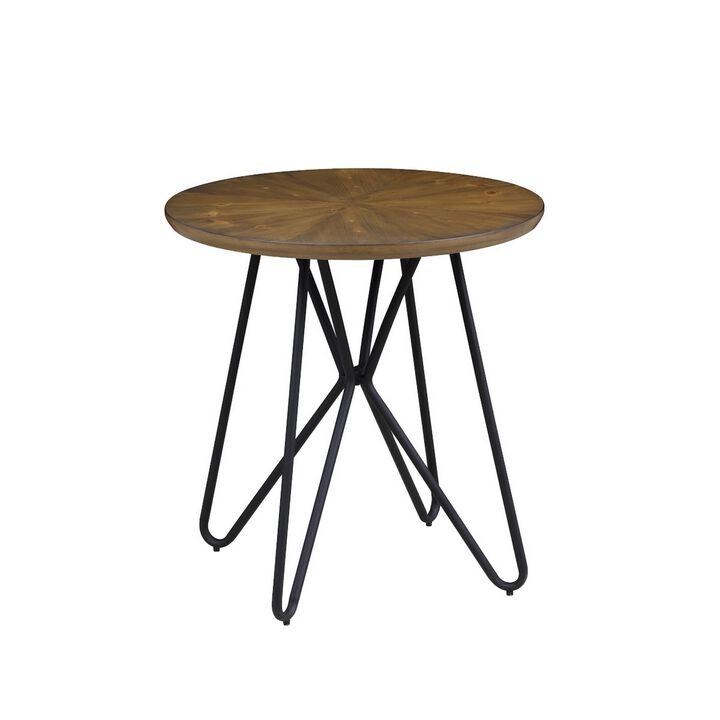 Dual Tone Round Wooden End Table with Metal Hairpin Legs, Brown and Black-Benzara